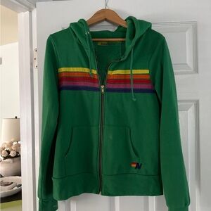 Aviator Nation Green Hoodie with Rainbow Stripes